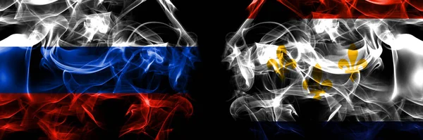 ロシア ロシア対アメリカ アメリカ アメリカ アメリカ アメリカ ニューオーリンズ ルイジアナ州の旗 黒地に隔絶された煙旗 — ストック写真