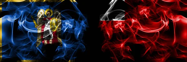 Kyiv Kiev Abu Dhabi Emirate Flag Smoke Flags Placed Side — Stock Photo, Image