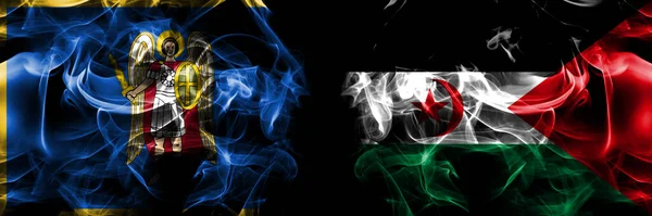 Kijów Kontra Flaga Sahrawi Flagi Dymu Umieszczone Obok Siebie Czarnym — Zdjęcie stockowe