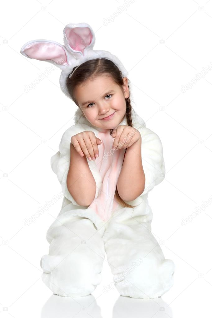 Easter picture of young girl wearing pink easter bunny costume