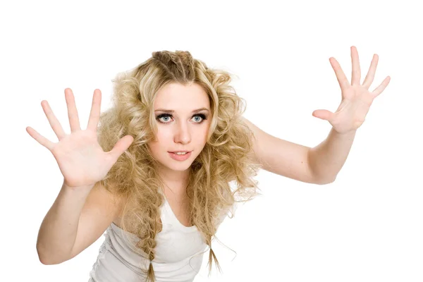 Girl with open palms of hands — Stock Photo, Image