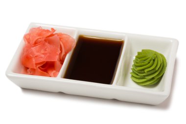 Pickled ginger with soy sauce and wasabi for sushi clipart