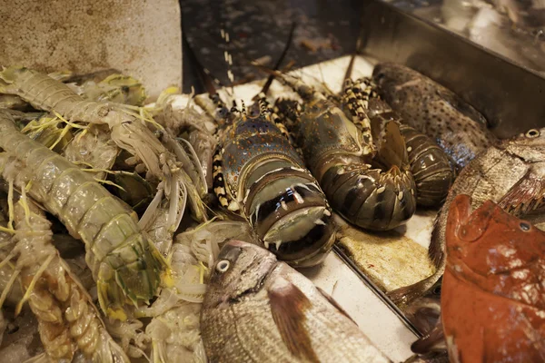 Cangrejo, langosta, camarones y pescado en el mercado de pescado contador en —  Fotos de Stock