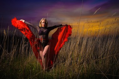 günbatımı üzerinde Kırmızı elbiseli güzel kız