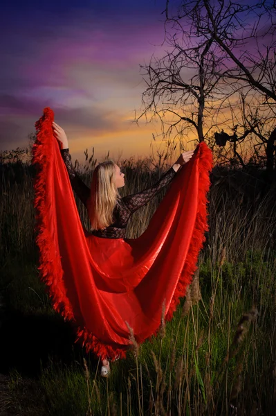 夕日に赤いドレスで美しい少女 — ストック写真