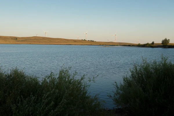 Landscape Wind Generators Generating Electricity Lake —  Fotos de Stock