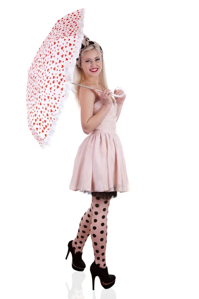 Beautiful pin-up girl with umbrella, isolated on white — Stock Photo, Image