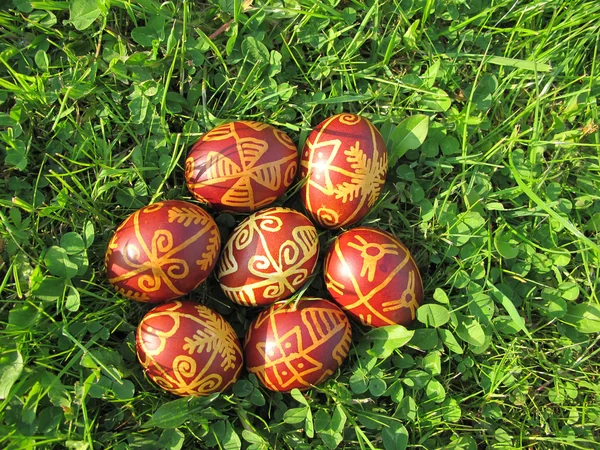 Chorvatská tradiční velikonoční vejce na zelené trávě — Stock fotografie