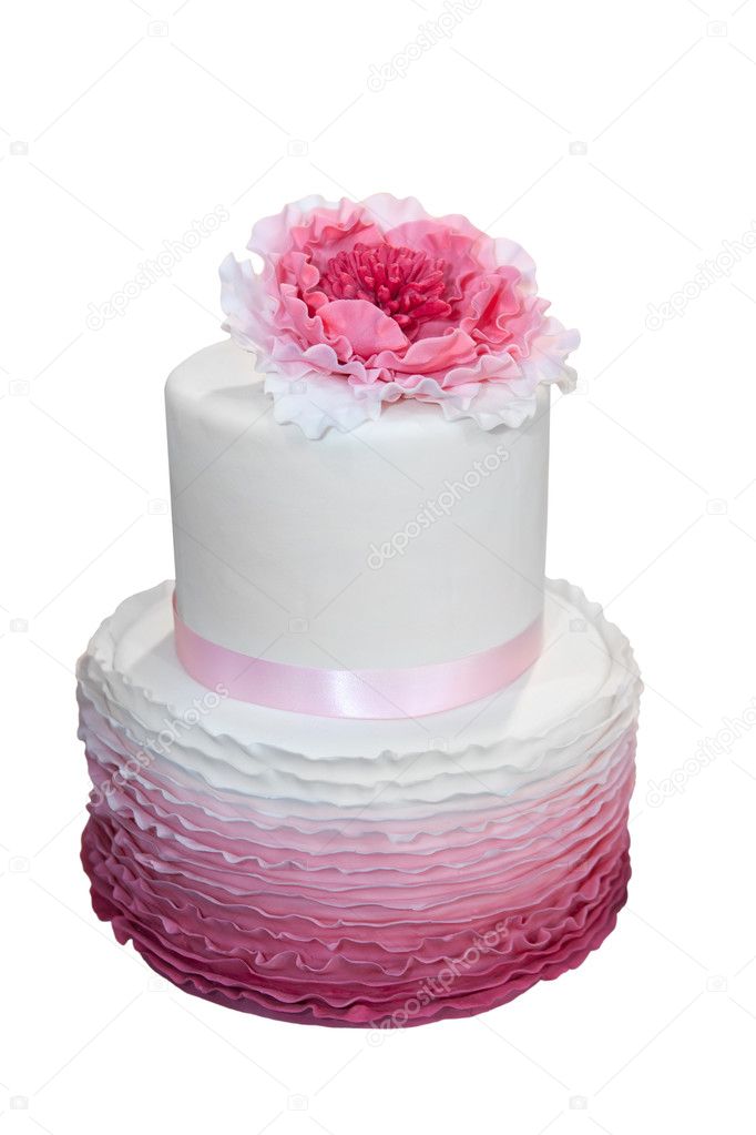 Beautiful wedding cake with pink flower isolated on white