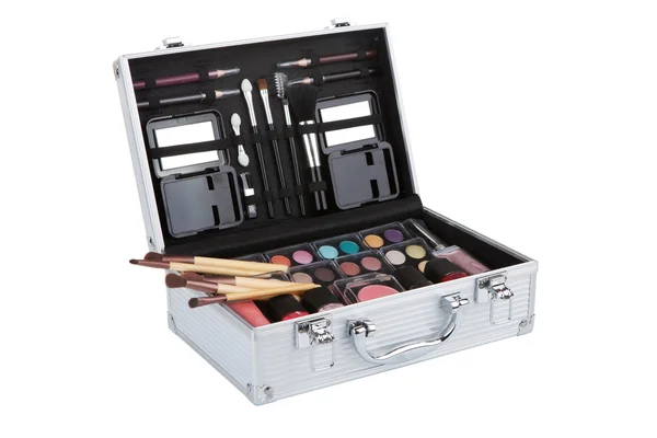 Aluminum make up case with makeup brushes — Stock Photo, Image