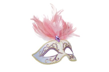 güzel karnaval maskesi pembe tüylü, beyaz izole