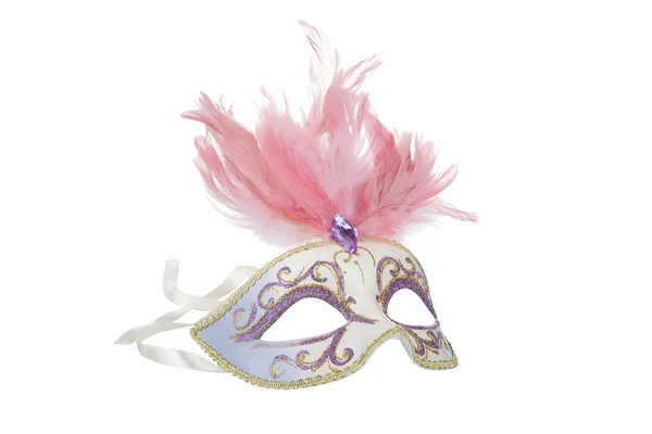 Красивая карнавальная маска с розовыми перьями, изолированная на белом — стоковое фото