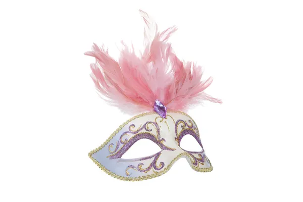 Красивая карнавальная маска с розовыми перьями, изолированная на белом — стоковое фото