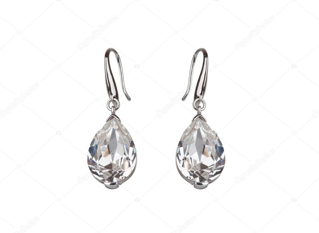 Pair of diamond earrings, isolated on white