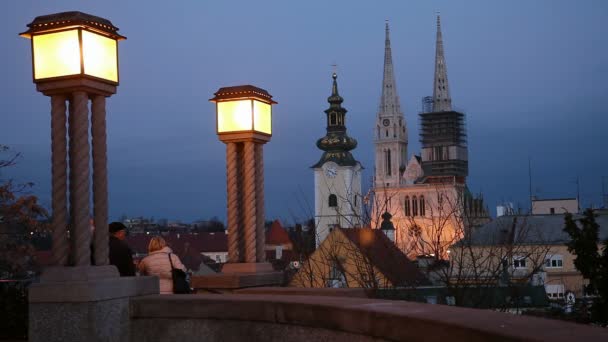 Nocny widok w kierunku katedry w Zagrzebiu. — Wideo stockowe