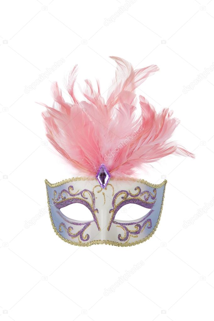 Beautiful carnival mask with pink feathers, isolated on white