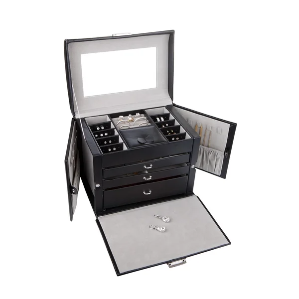 Black leather jewelery box isolated on white — Stock Photo, Image