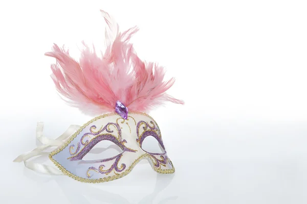 Beautiful carnival mask with pink feathers and a reflection — Stock Photo, Image