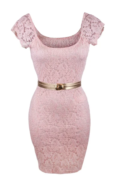 Simple pink lace dress with golden belt — Stock Photo, Image