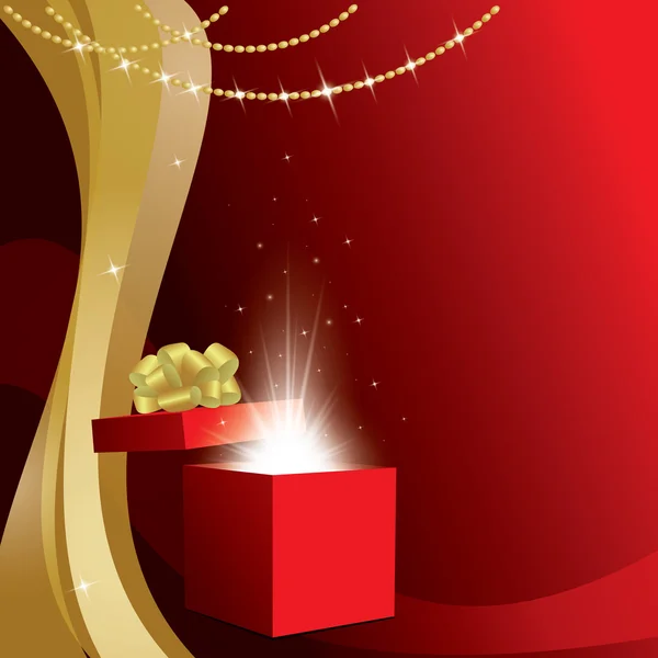 Cartão vermelho com caixa de presente e decorações de ouro - vetor — Vetor de Stock