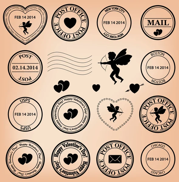 Romantici francobolli postali per San Valentino — Vettoriale Stock