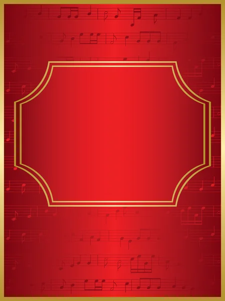 Red vector background and gold frame with musical notes — Stock Vector