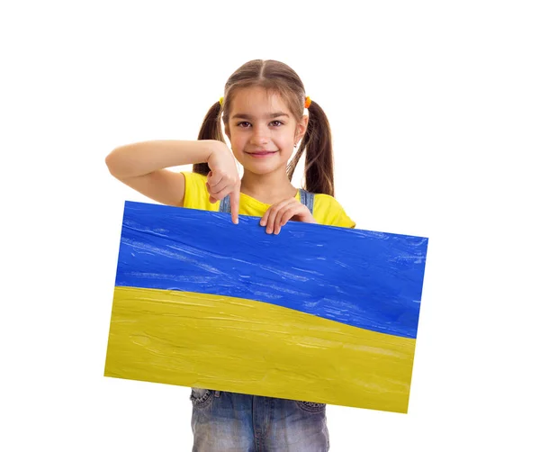Fille tenant drapeau bleu et jaune ukrainien — Photo