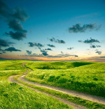 Yeşil çimenli, yollu ve bulutlu yaz manzarası