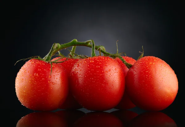 Tomates rojos sobre fondo negro con gotas de agua —  Fotos de Stock