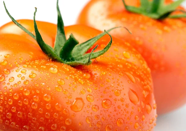 Foto de close-up de dois tomates com gotas de água — Fotografia de Stock