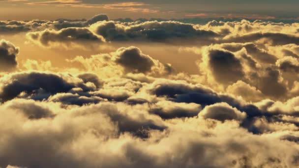 在浓密的风暴云中飞行。空中的太阳景色笼罩在云彩之上.天空中浓密的云幕之上是金色的夕阳 — 图库视频影像