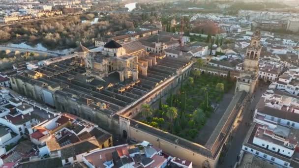Widok z lotu ptaka Ogrody Alkazara w Kordobie, Hiszpania. Latanie nad meczetem-katedrą w Kordobie, Hiszpania — Wideo stockowe