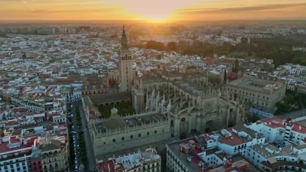 Widok na zachód słońca gotyckiej katedry w Sewilli stare miasto ze słynną dzwonnicą Giralda. Latanie nad Catedral de Sevilla — Wideo stockowe