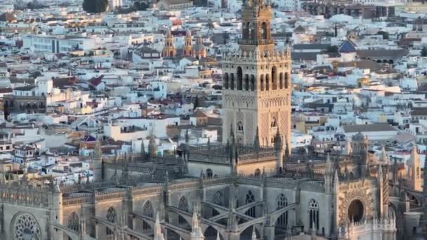 Flygtele skott av Giralda klocktorn i Sevilla gamla stan. Catedral de Sevilla — Stockvideo