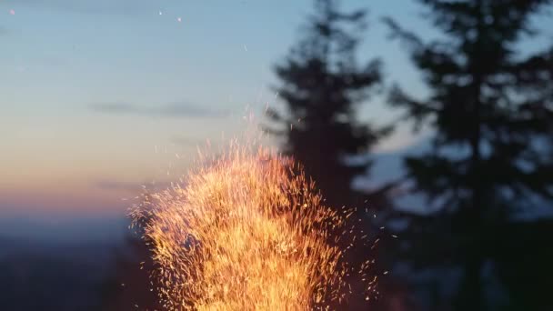 Lichte vonken vliegen uit het vuur en zweven in de lucht. Bonfire, wild kamperen, wandelen. Bergen, bomen en zonsondergang hemel op de achtergrond. Langzame beweging, 4K — Stockvideo