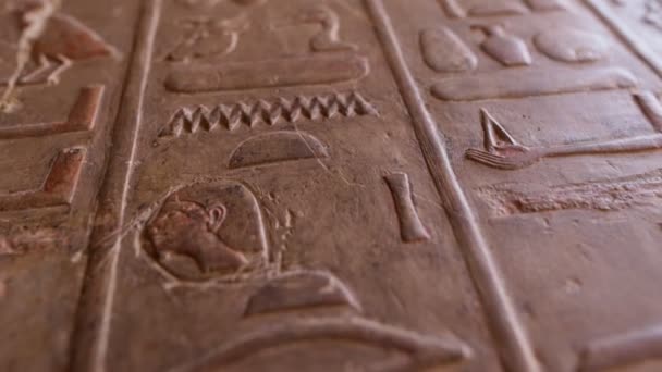 古代エジプトの象形文字が刻まれたアンティークの石の壁。ハッシェプスト寺院の壁にエジプトの象形文字の終わりのショット。浅いDOFジンバルショット — ストック動画