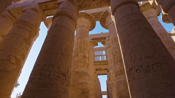 Cámara se mueve entre columnas con dibujos antiguos egipcios. Templo Karnak en Luxor, Egipto. Majestuosas columnas con dibujos antiguos egipcios — Vídeos de Stock