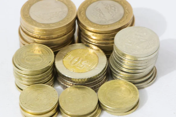 Ovanifrån Staplarna Turkiska Lira Try Mynt Olika Värden Besparingar Officiell — Stockfoto