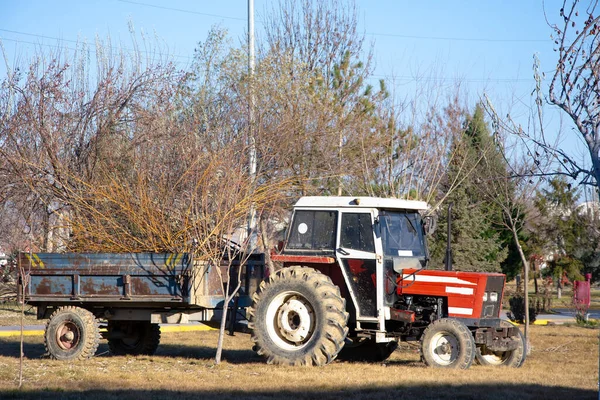 Tractor con remolque lleno de ramas viejas estacionadas en el parque — Foto de Stock