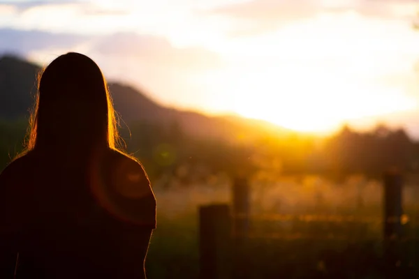 Silueta Joven Adolescente Sentada Sola Banco Hermoso Paisaje Fondo Detrás Imagen De Stock