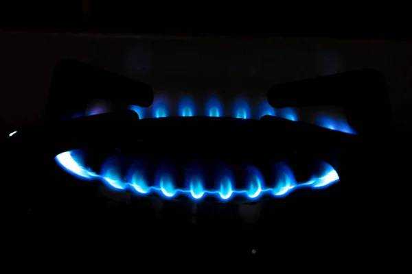Gas burner with blue flame, glowing fire ring on kitchen stove. Modern kitchen with natural gas cooking