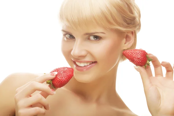 Woman with strawberry on the white background — Stock Photo, Image