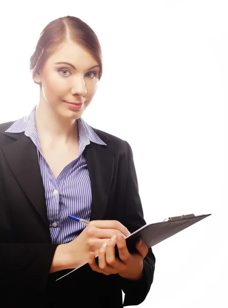 Zakenvrouw maakt gebruik van een mobiele tablet computer — Stockfoto