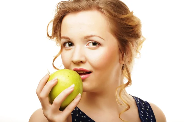 Mujer con manzana, aislada sobre blanco — Foto de Stock