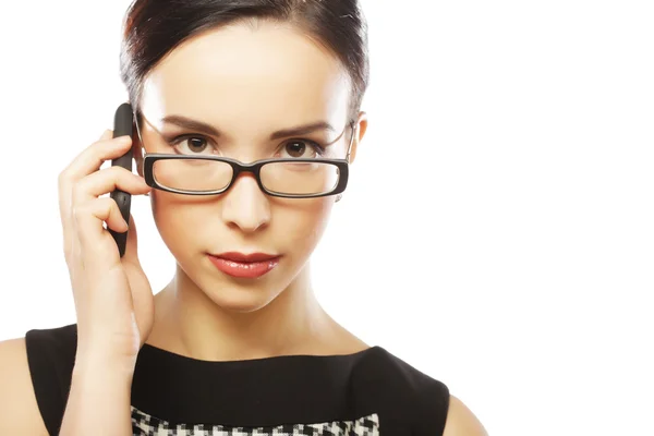 Brillenfrau mit Handy — Stockfoto