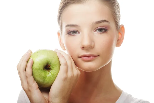 Cabeza de mujer sosteniendo manzana — Foto de Stock