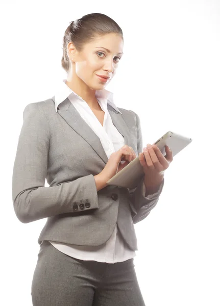 Business woman uses a mobile tablet computer — Stock Photo, Image