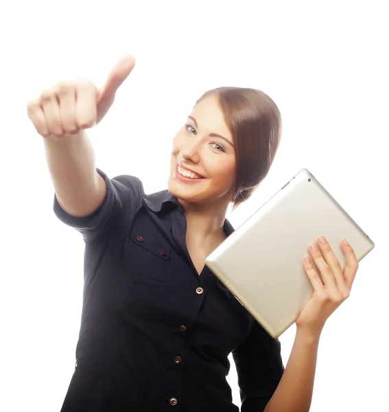 Lächelnde Geschäftsfrau mit Tablet-Daumen nach oben. — Stockfoto
