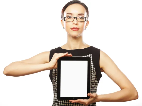 Young business woman showing tablet — Stock Photo, Image