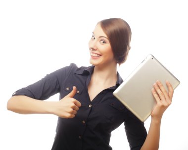 iş kadını ile tablet başparmak yukarıya göstermek gülümseyen.